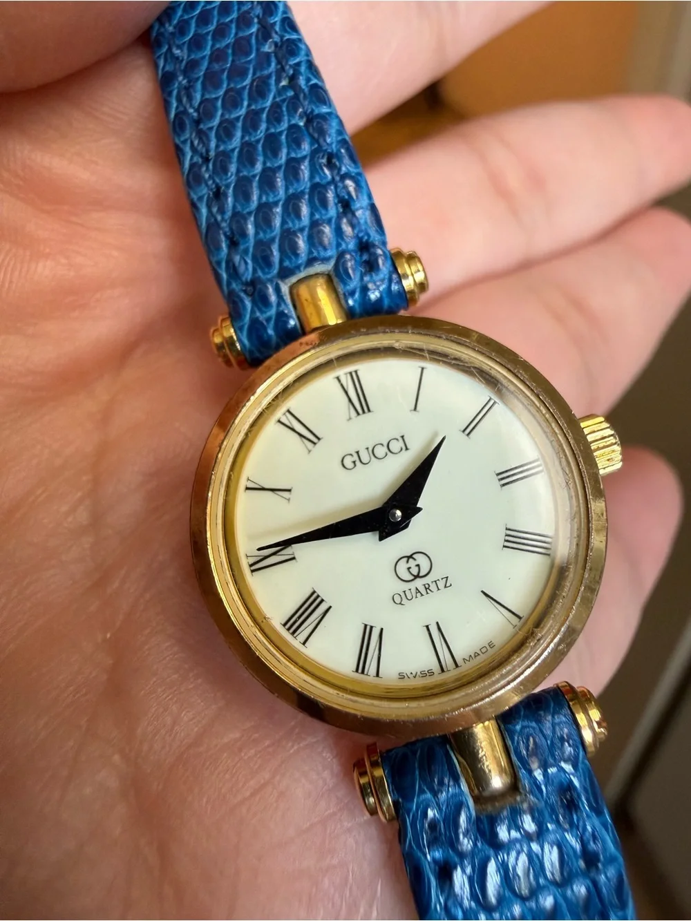 Gucci Blue Lizard Leather Watch with sherry line gold face 10mm